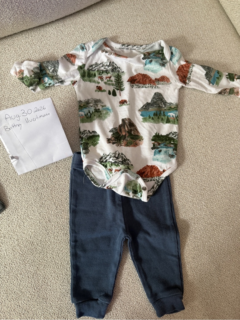 Mountain Print Long-Sleeve Baby Bodysuit with Navy Ribbed Pants